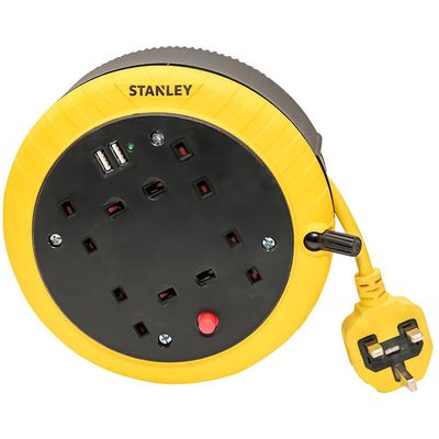 Stanley 6 Socket Cable Extension Reel 240v and USB 5m