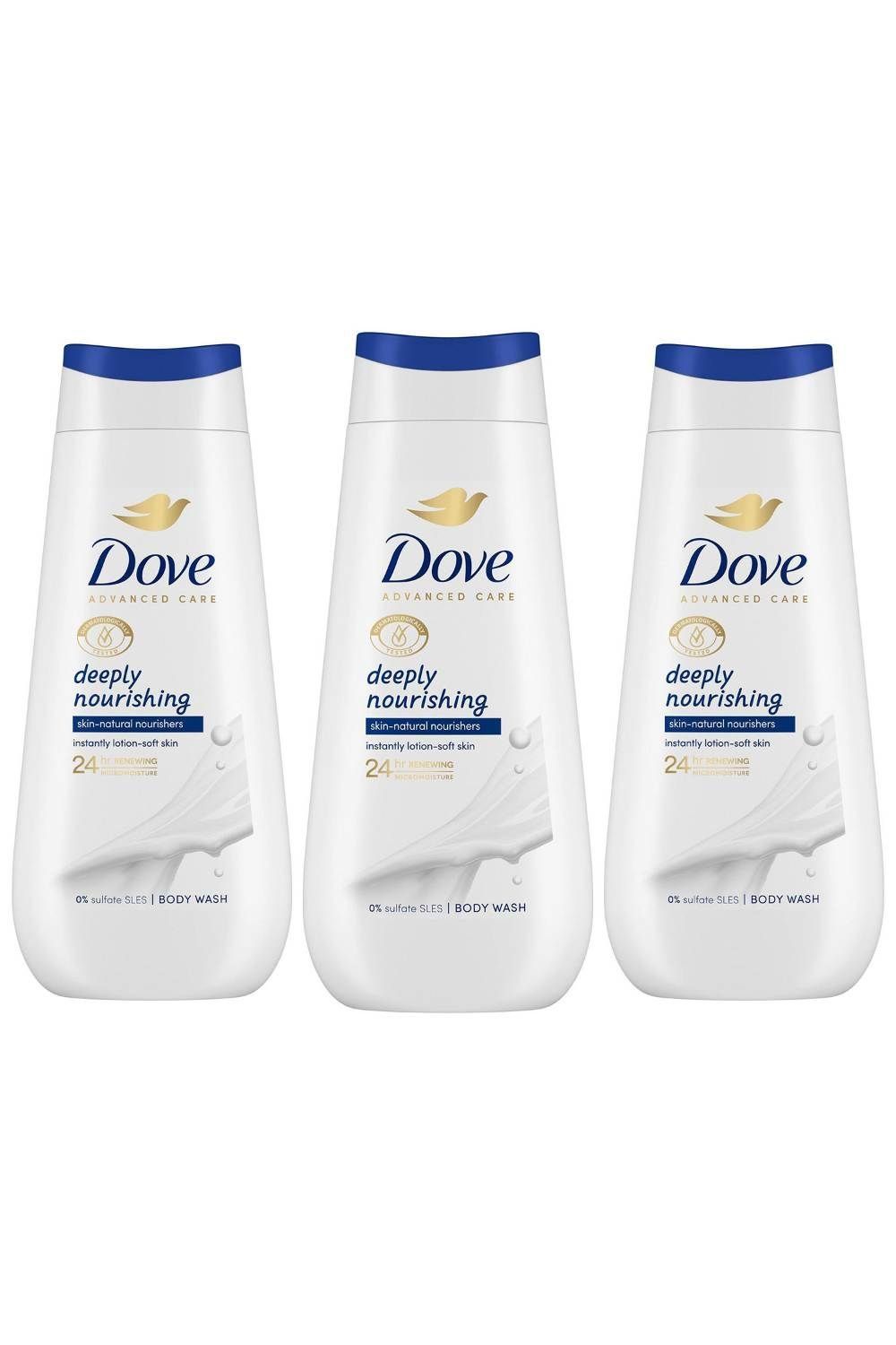 Dove Women's 'Bodywash' Deeply Nourishing 24H Renewing Micromoisture, 3x 225ml in White - Image 1