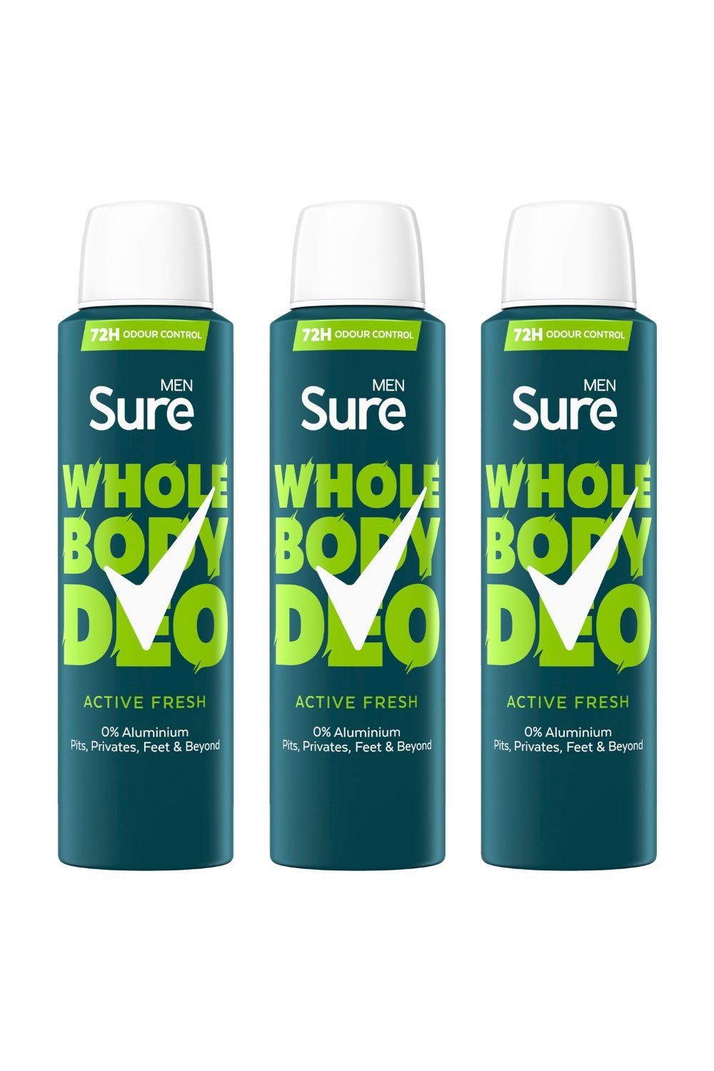 Sure Men's Whole Body 'Deodorant Spray' Active Fresh w/ 72H Odour free 150ml, 3pk in White - Image 1