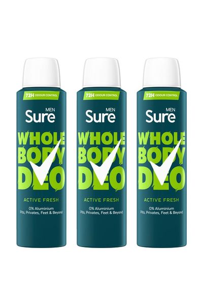 Sure Men's Whole Body 'Deodorant Spray' Active Fresh w/ 72H Odour free 150ml, 3pk in White