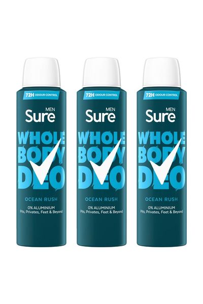 Sure Men's Whole Body 'Deodorant Spray' Ocean Rush w/ 72H Odour Control 150ml, 3pk in White