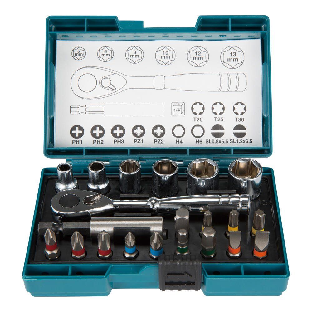 Makita 21 Piece 1/4" Drive Mini Socket and Screwdriver Bit Set 1/4" - Image 1