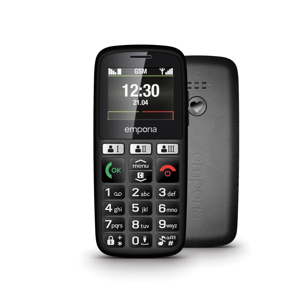 Emporia HAPPY. Form factor: Bar. Display diagonal: 4.6 cm (1.81"). Bluetooth. FM radio. Battery technology: Lithium-Ion (Li-Ion) Battery capacity: 800 mAh Standby time (2G): 200 h. Weight: 70 g. Product colour: Black - Image 1