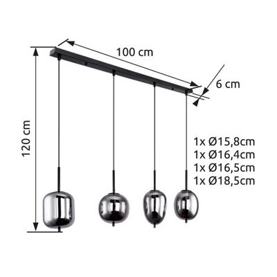 Globo Blacky hanging light, black/smoke grey, length 110 cm, 4-bulb.