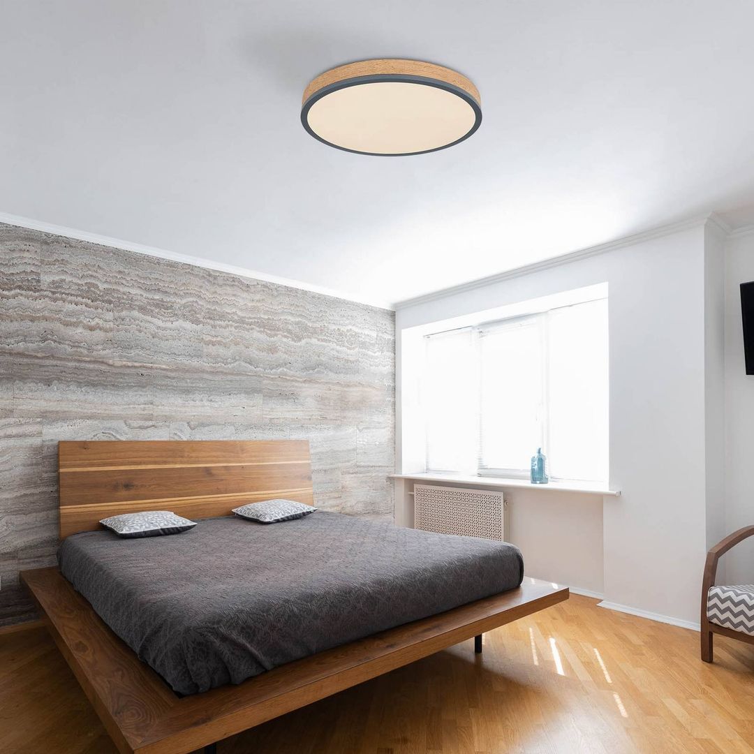 Globo Doro LED ceiling lamp, Ø 45 cm, dark graphite/wood, wood, 830 - Image 1