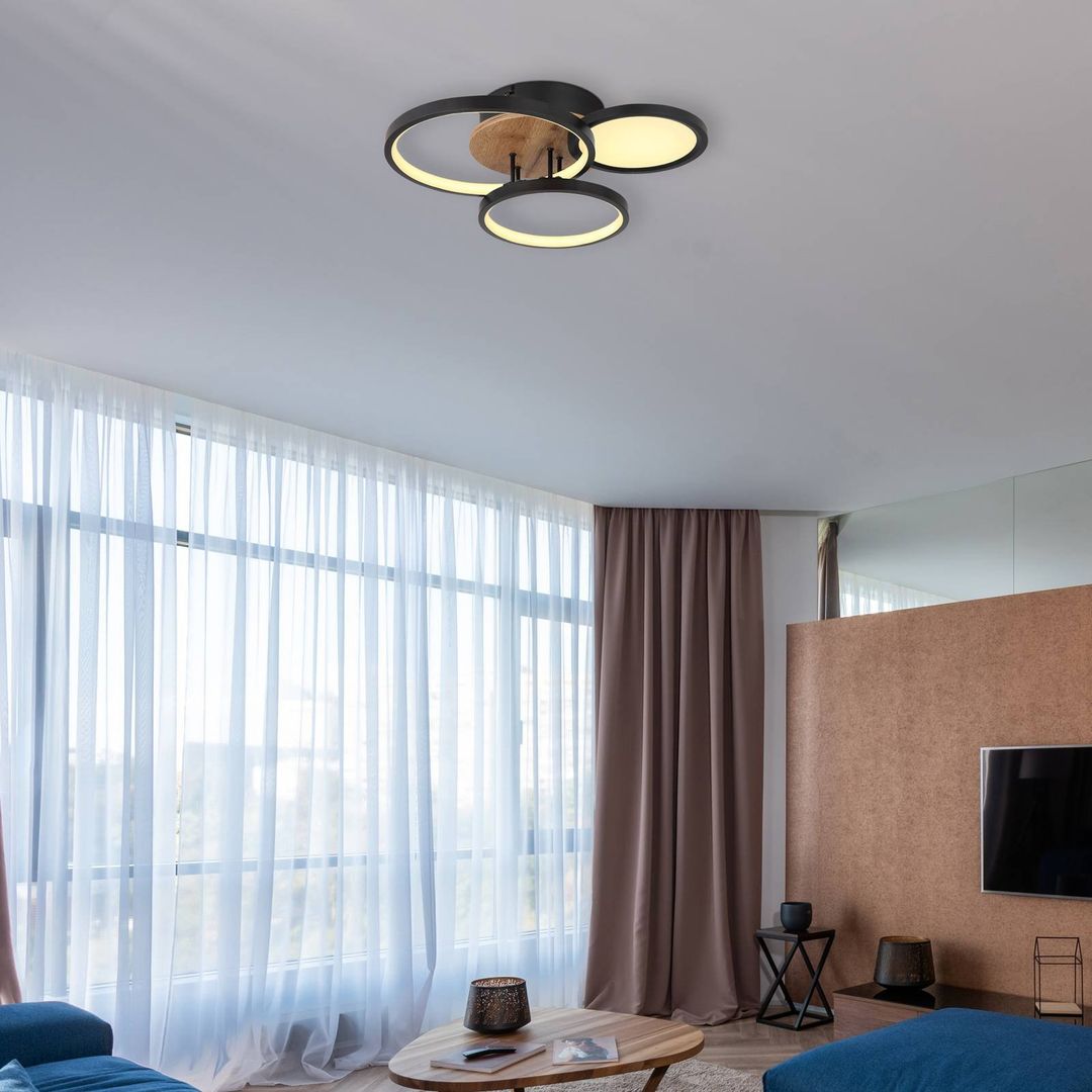 Globo Sid LED ceiling light with wood, 4-bulb - Image 1