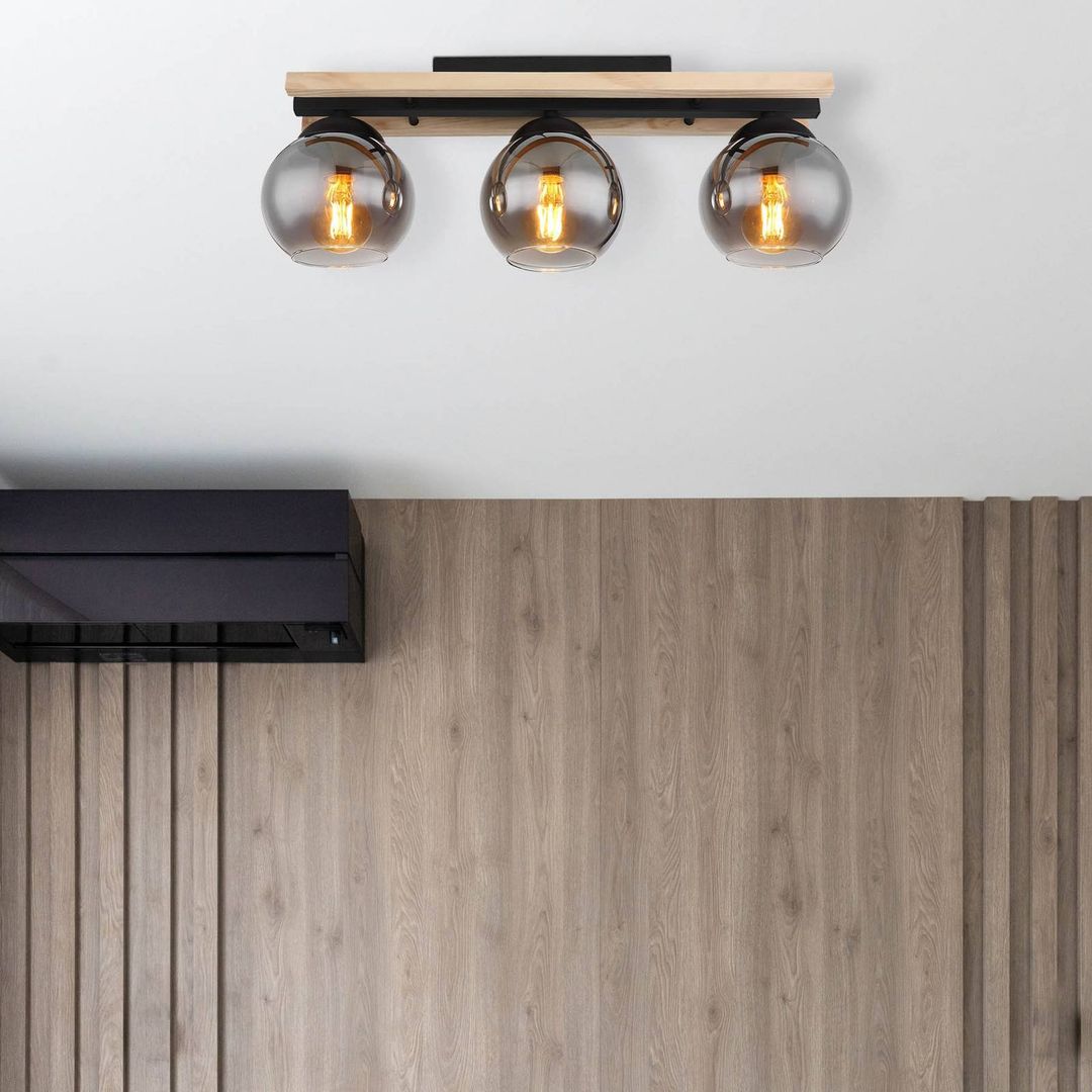 Globo Conni ceiling lamp, length 60 cm, smoke grey, wood/glass, 3-bulb. - Image 1