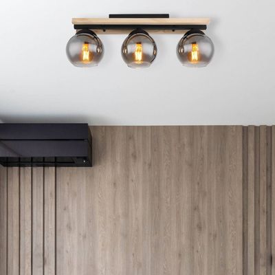 Globo Conni ceiling lamp, length 60 cm, smoke grey, wood/glass, 3-bulb.