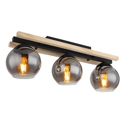 Globo Conni ceiling lamp, length 60 cm, smoke grey, wood/glass, 3-bulb. - Thumbnail 2
