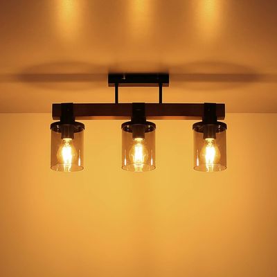 Globo Lila ceiling light with a wooden beam, 3-bulb