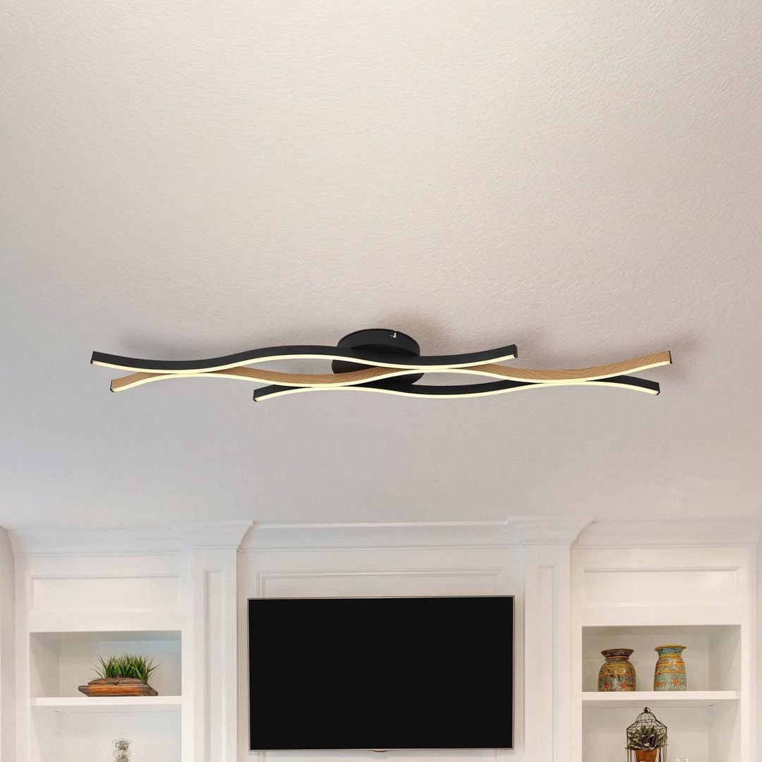 Globo Geronimo LED ceiling lamp, length 108 cm, black/wood look - Image 1