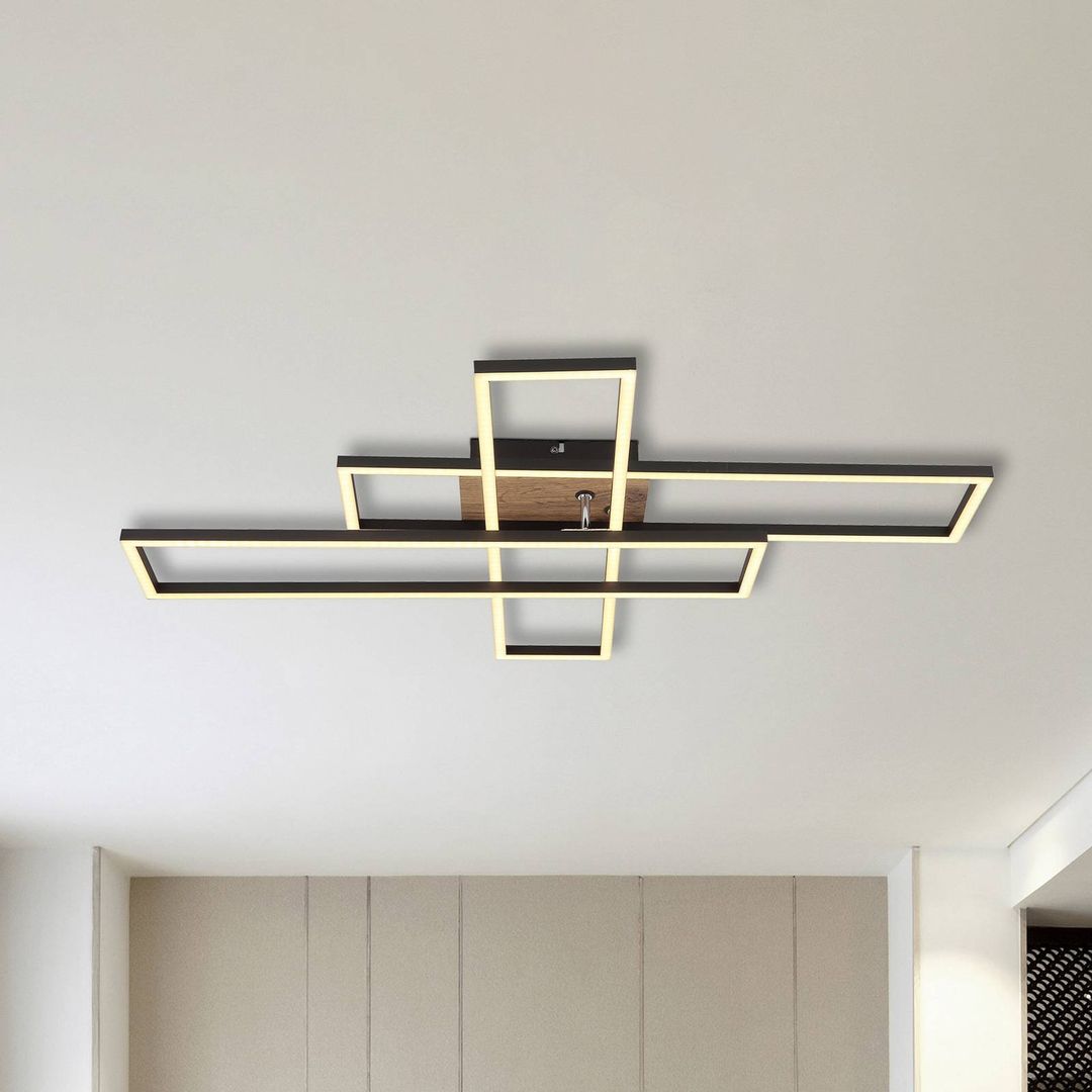 Globo Dakari LED ceiling lamp, length 80 cm, black/wood, 3-bulb - Image 1