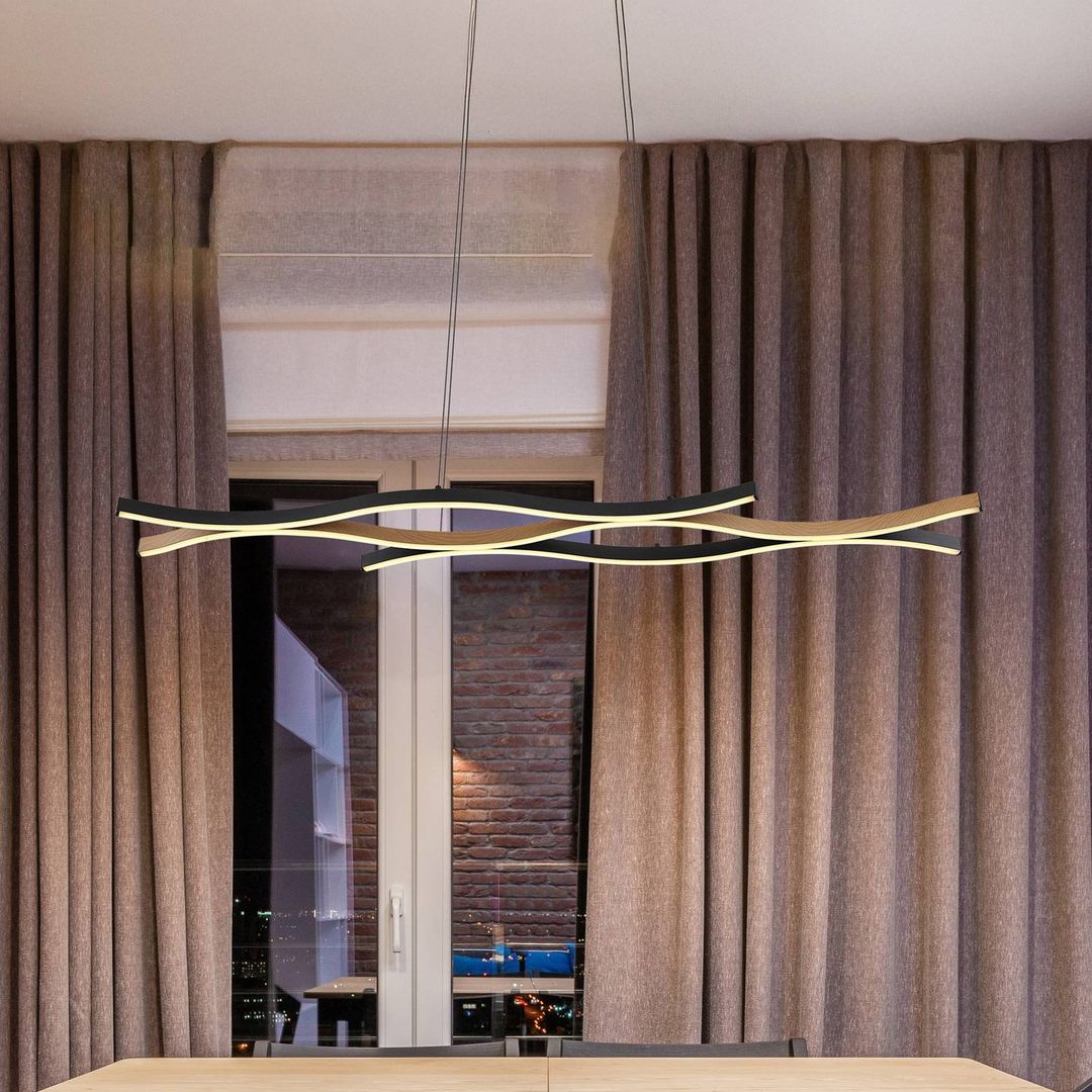 Globo Geronimo LED hanging light, length 108 cm, black/wood look - Image 1