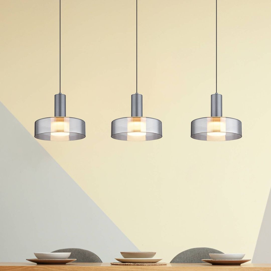 Globo LED hanging light Grant, length 90 cm, smoke grey, 3-bulb, glass - Image 1