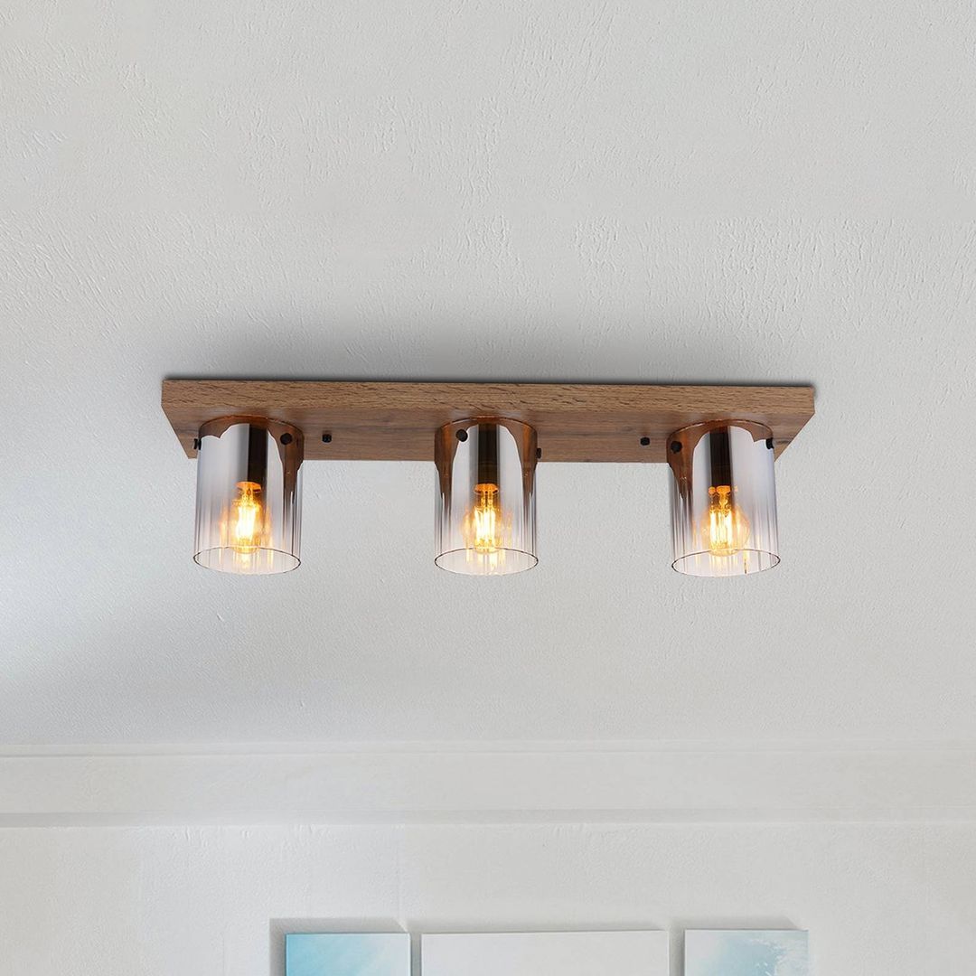 Globo Underwood ceiling light, length 71 cm, brown/smoke grey, MDF - Image 1