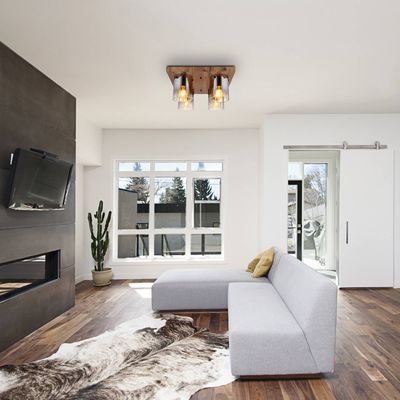 Globo Underwood ceiling light, length 41 cm, brown/smoke grey, MDF