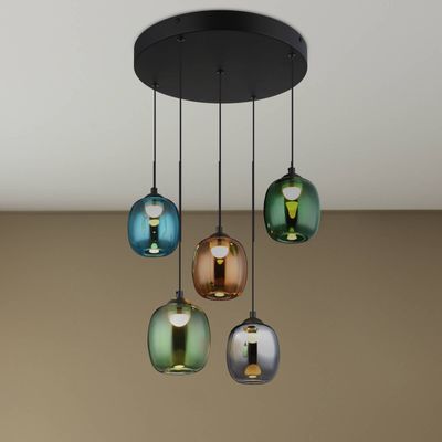 Globo Minara LED pendant light, 5-bulb, Ø 43 cm, multicoloured, glass