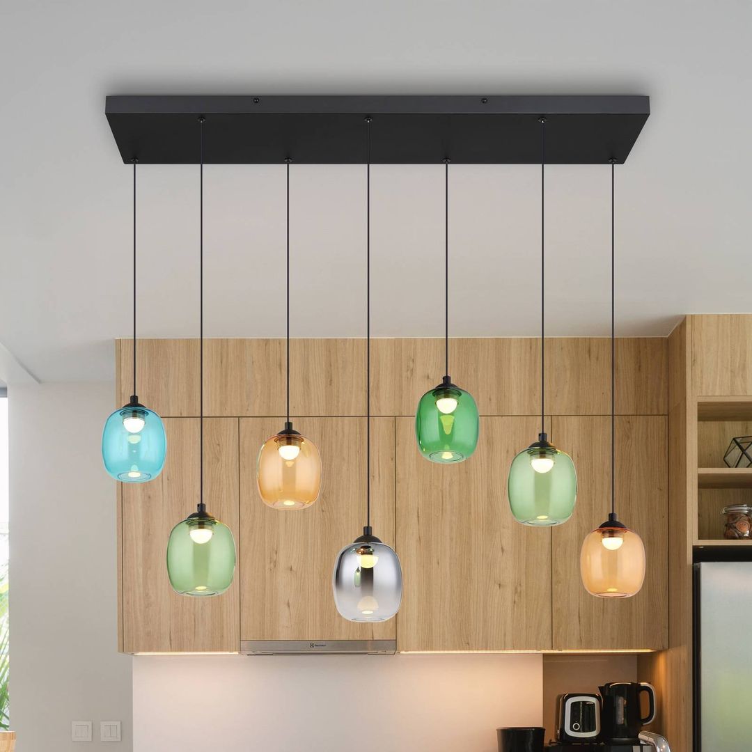 Globo Minara LED pendant light, 7-bulb, length 102 cm, colourful, glass - Image 1