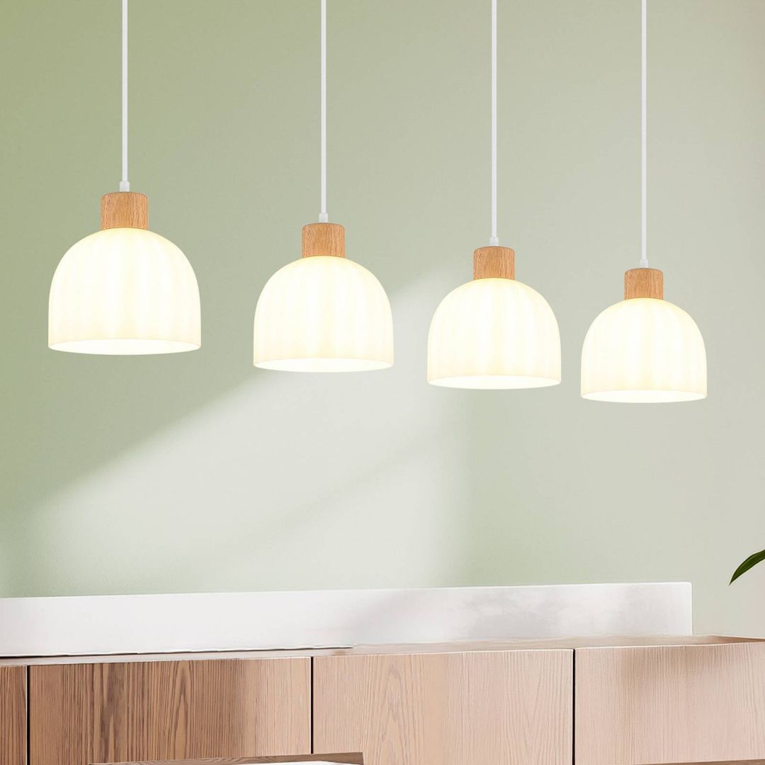 Globo Swanson pendant light, length 113 cm, white/brown, glass/wood, 4-bulb - Image 1