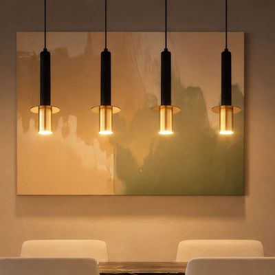 Globo Shanna pendant light, length 87 cm, black/brass, 4-bulb stone design