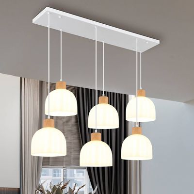 Globo Swanson pendant light, length 105 cm, white/brown, glass/wood, 6-bulb