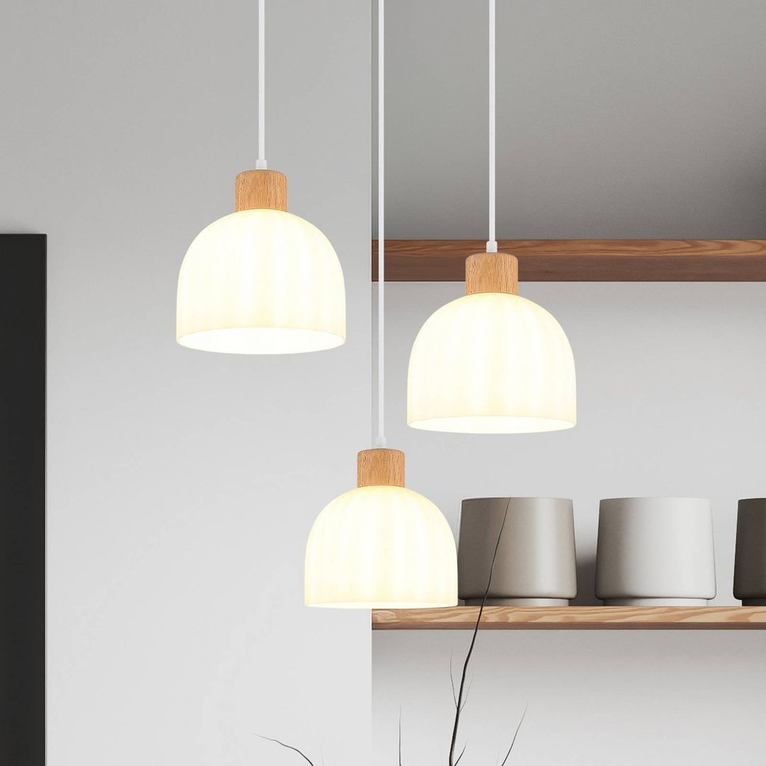 Globo Swanson pendant light, Ø 51 cm, white/brown, glass/wood, 3-bulb - Image 1