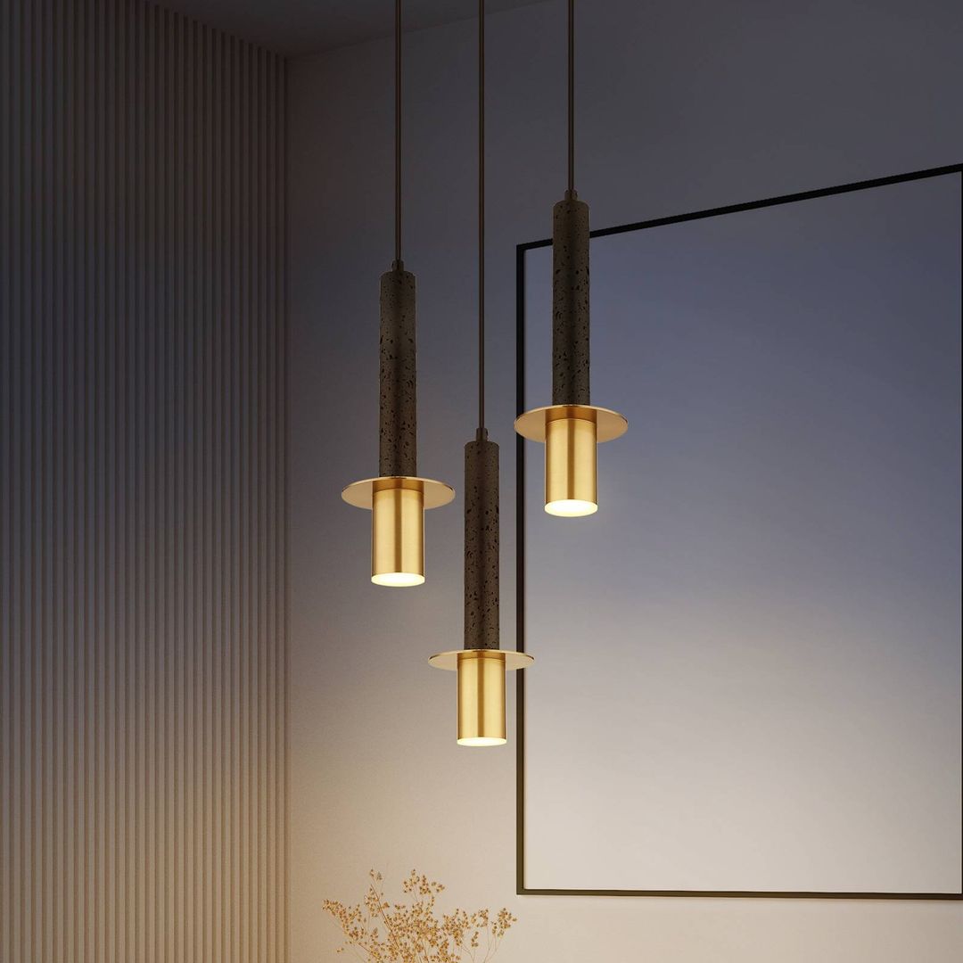 Globo Shanna pendant light, Ø 33 cm, black/brass, stone, 3-bulb - Image 1