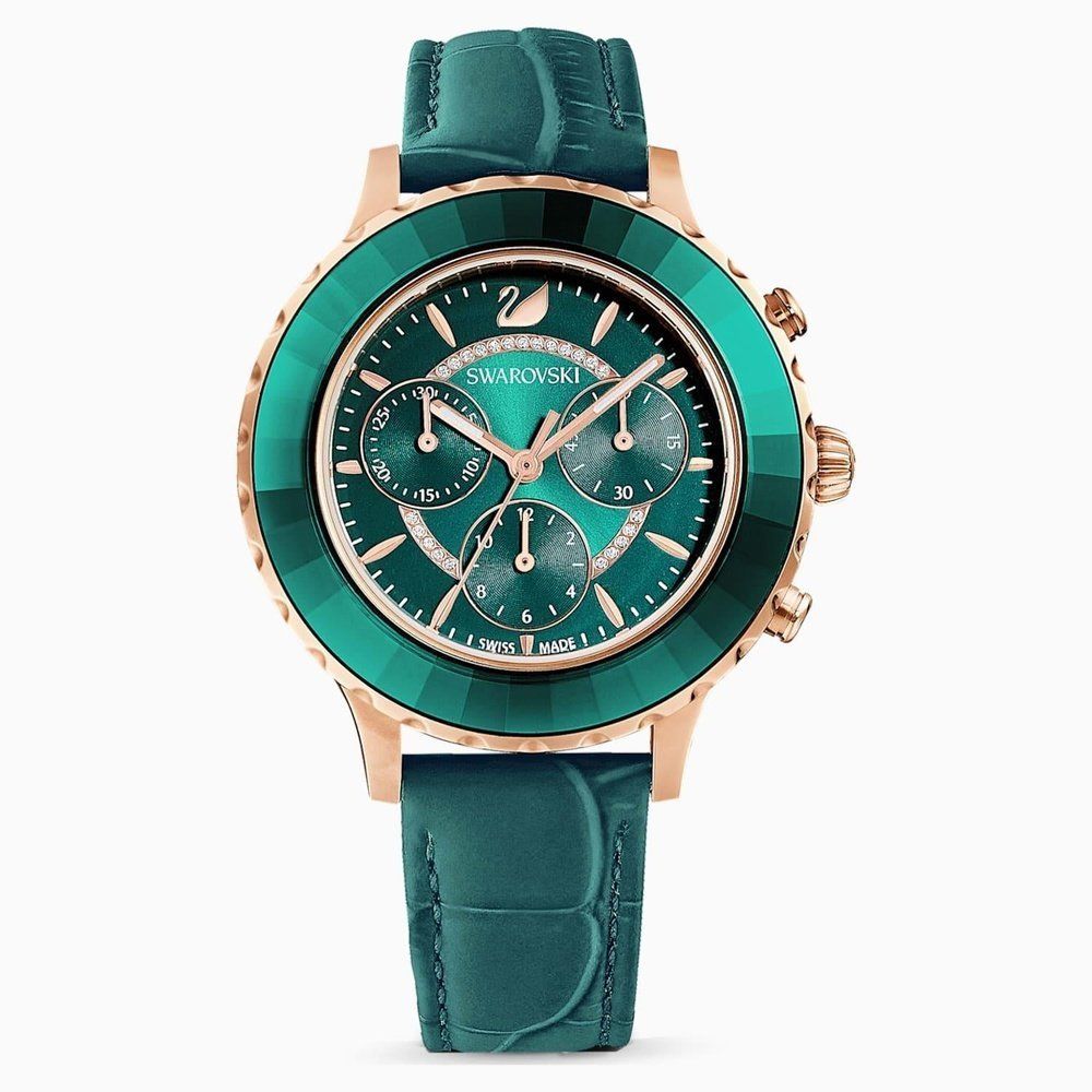 Swarovski Octea Lux Chrono Watch, Leather Strap, Green, Rose-Gold Tone PVD - Image 1