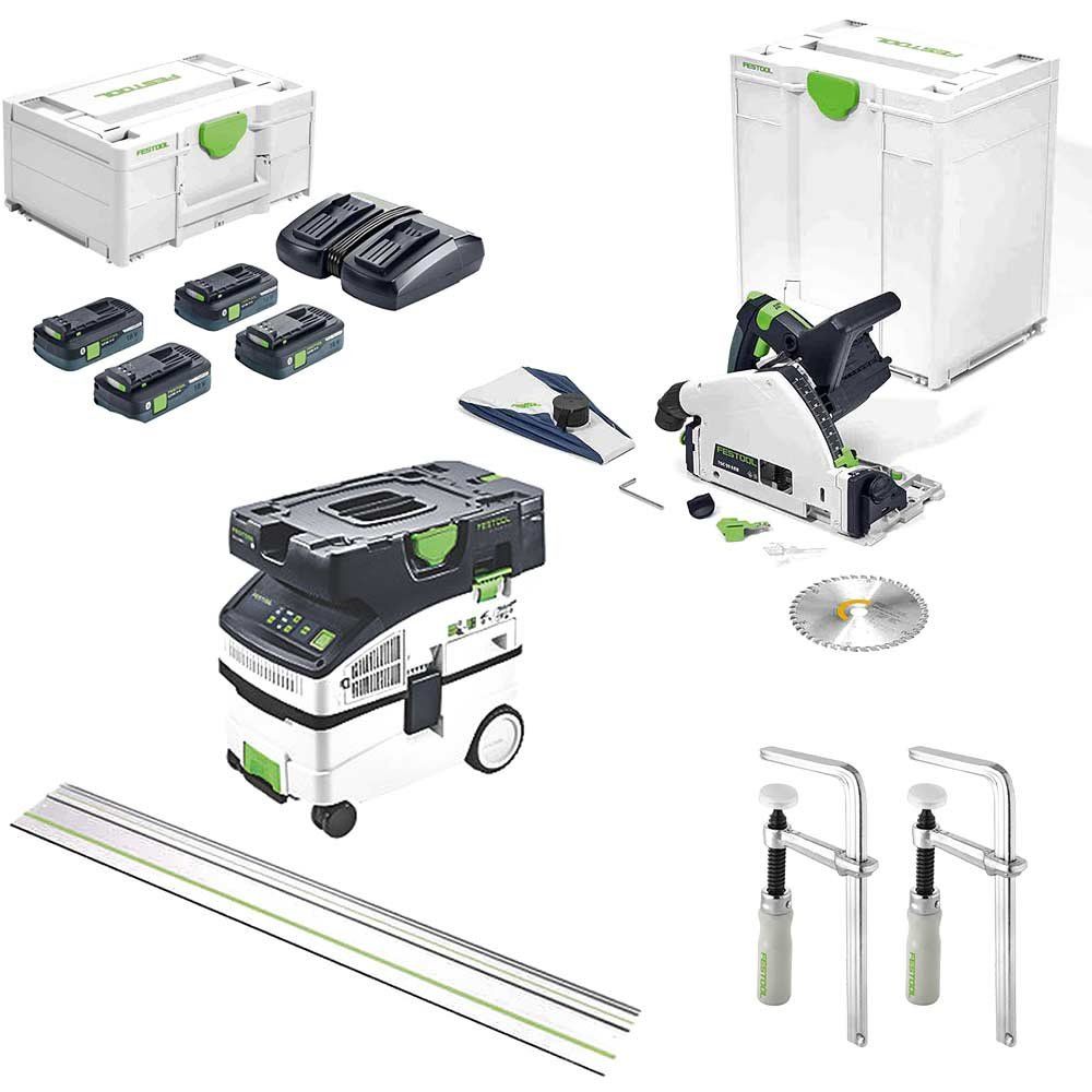 Festool TSC 55 Cordless Plunge Saw and L Class Extractor Kit 4 x 5ah Li-ion Battery Charger Case - Image 1