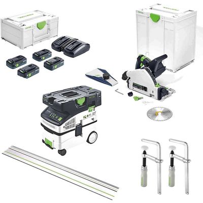 Festool TSC 55 Cordless Plunge Saw and L Class Extractor Kit 4 x 5ah Li-ion Battery Charger Case