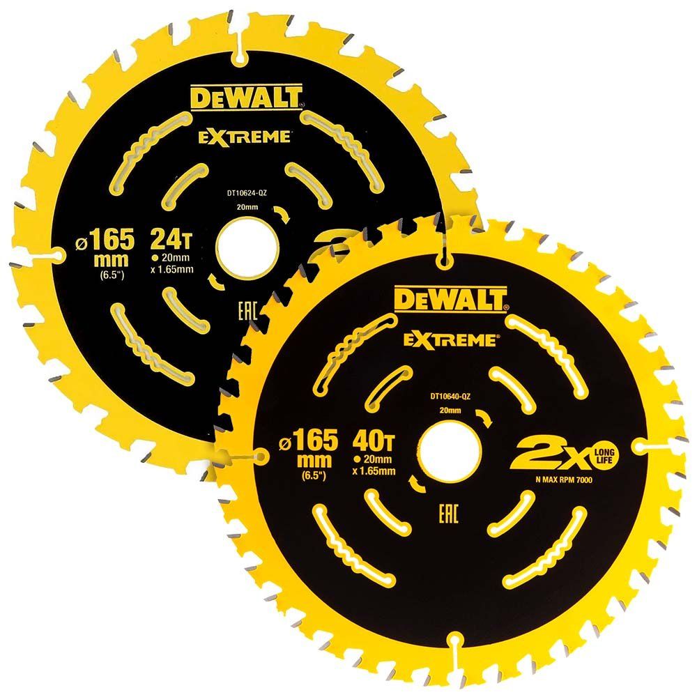 DeWalt 2 Piece 165mm Extreme Cordless Circular Saw Blade Kit 165mm Assorted Teeth 20mm - Image 1