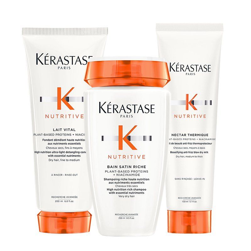 Kérastase Nutritive Bain Satin Riche High Nutrition Rich Shampoo 250ml, Lait Vital 200ml and Nectar Thermique 150ml Pack - Image 1