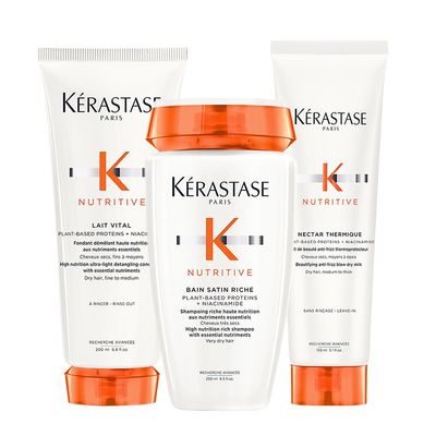Kérastase Nutritive Bain Satin Riche High Nutrition Rich Shampoo 250ml, Lait Vital 200ml and Nectar Thermique 150ml Pack